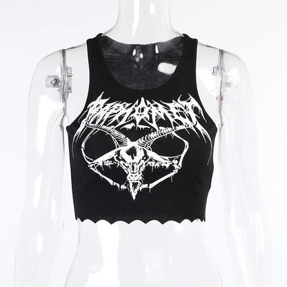 Gothic Punk Black Goat Print Crop Tank Top Harajuku
