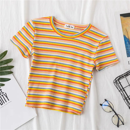 Rainbow Stripe Slim Fit Women T Shirt Short Sleeve Harajuku