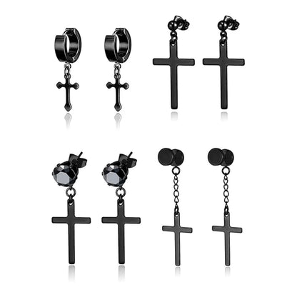 Men's Black Stainless Steel Zirconia Cross Earrings Set - Trendy Punk Style Piercing Jewelry