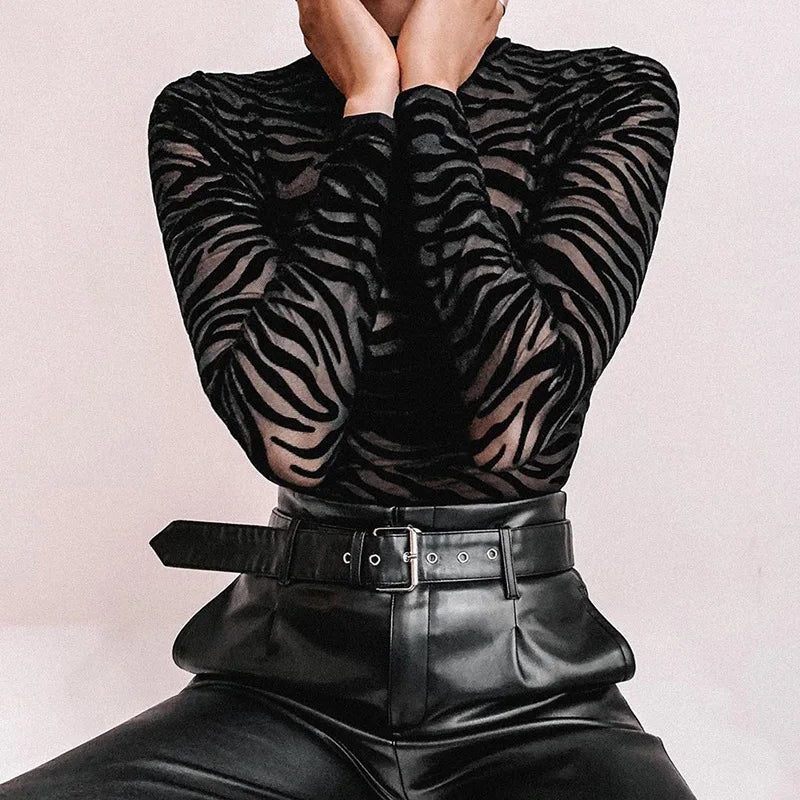 Black Mesh See Through Bodysuit Long Sleeve Mock Neck Slim