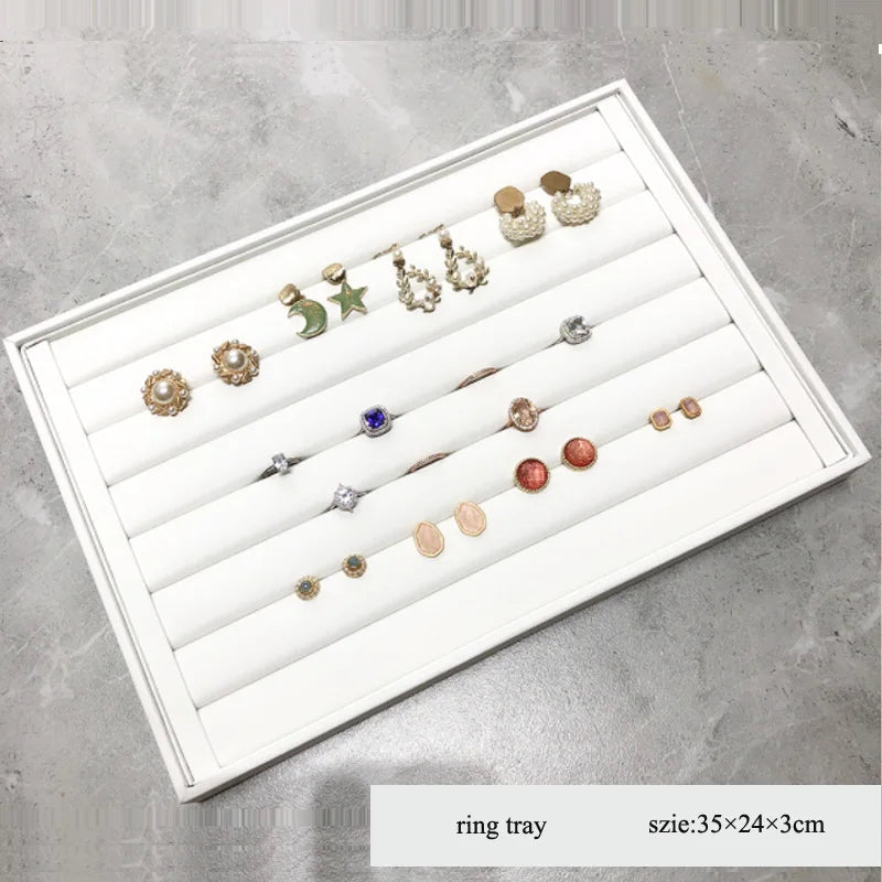 Elegant White PU Leather Jewelry Display Tray with Necklace and Ring Holder