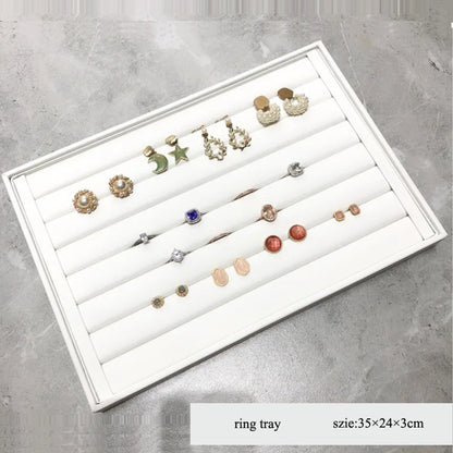 Elegant White PU Leather Jewelry Display Tray with Necklace and Ring Holder
