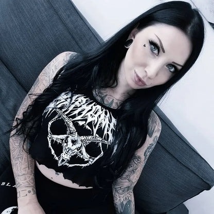Gothic Punk Black Goat Print Crop Tank Top Harajuku