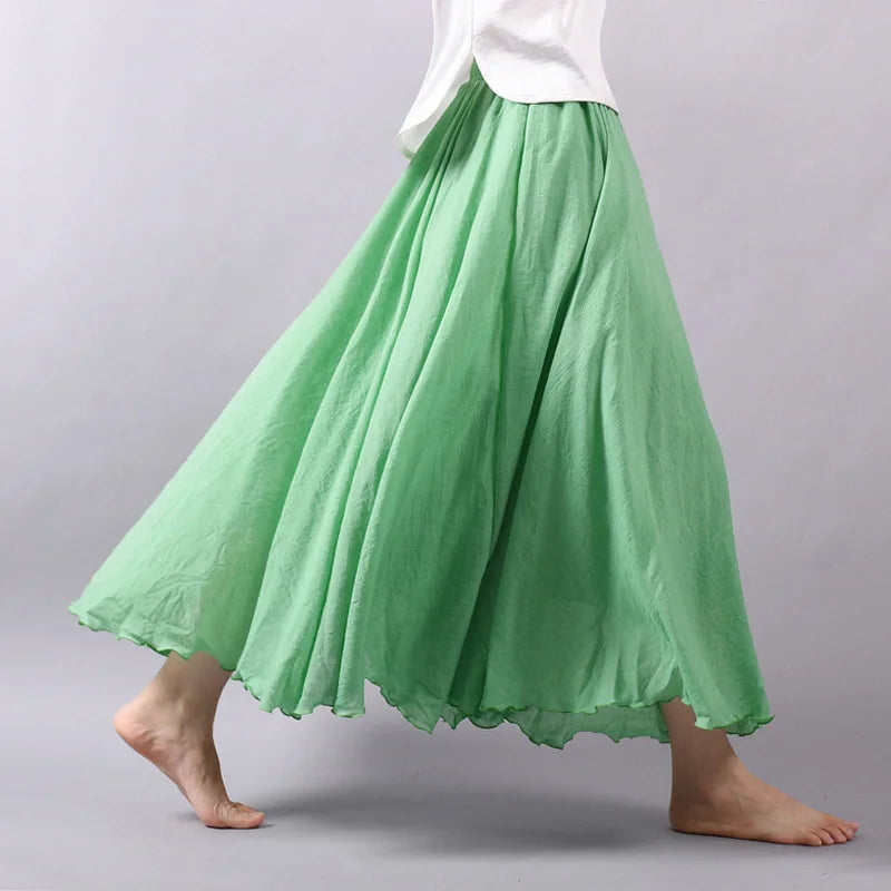 Boho Linen Cotton Maxi Skirt Elastic Waist Beige Pink