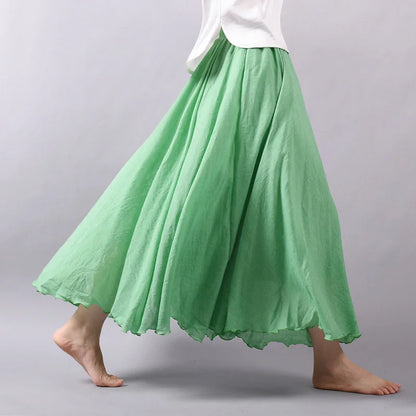 Boho Linen Cotton Maxi Skirt Elastic Waist Beige Pink