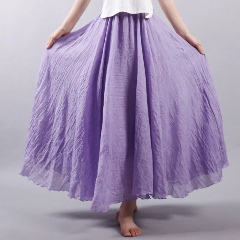 Boho Linen Cotton Maxi Skirt Elastic Waist Beige Pink