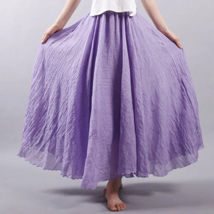 Boho Linen Cotton Maxi Skirt Elastic Waist Beige Pink