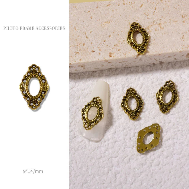 Vintage Gold 3D Charm Photo Frame Nail Art Kit with Alloy Studs - 5 Piece Set