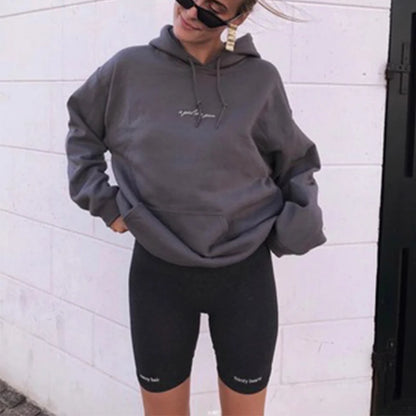 Summer Biker Shorts Women Elastic Waist Letter Print Black