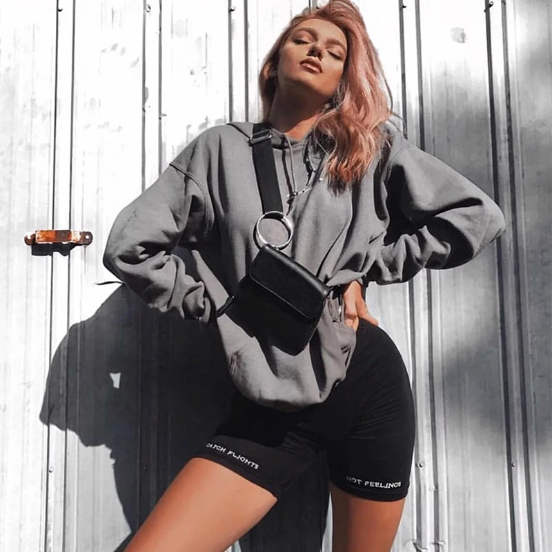 Summer Biker Shorts Women Elastic Waist Letter Print Black