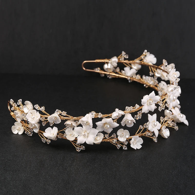 Elegant Crystal Wedding Headband Crown with Handmade Ceramic Flowers