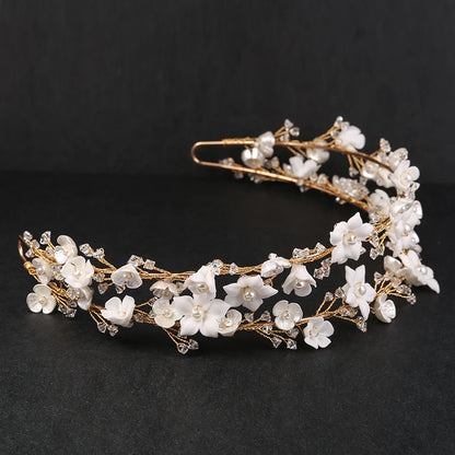 Elegant Crystal Wedding Headband Crown with Handmade Ceramic Flowers