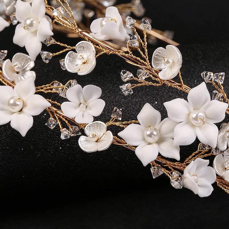 Elegant Crystal Wedding Headband Crown with Handmade Ceramic Flowers