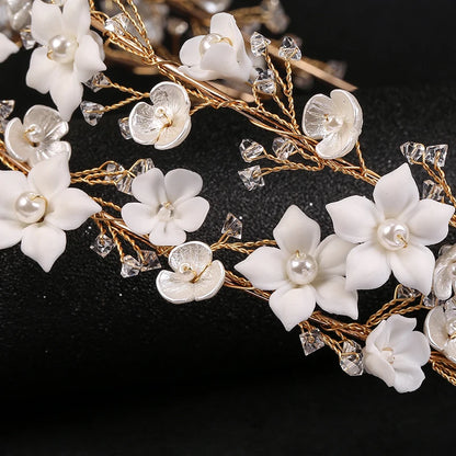 Elegant Crystal Wedding Headband Crown with Handmade Ceramic Flowers
