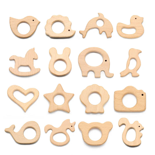 Natural Beech Wood Baby Teethers Set in Animal Shapes - Tortoise, Koala, Whale, Turtle - Food Grade Newborn Toys