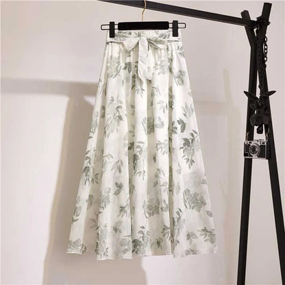 Chiffon Midi Skirt Women High Waist Korean Style White