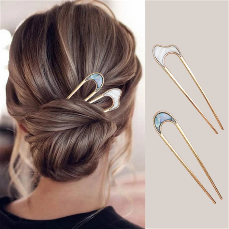 Elegant Turquoise Enamel Shell Hairpin for Women Luxury Metal U Shape Hair Stick