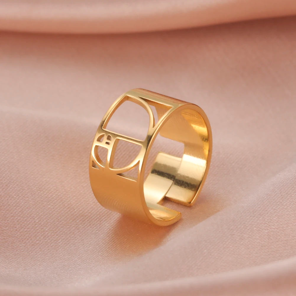 Lemegeton Geometric Fibonacci Spiral Adjustable Stainless Steel Ring for Women 18K Gold Plated Amulet Jewelry