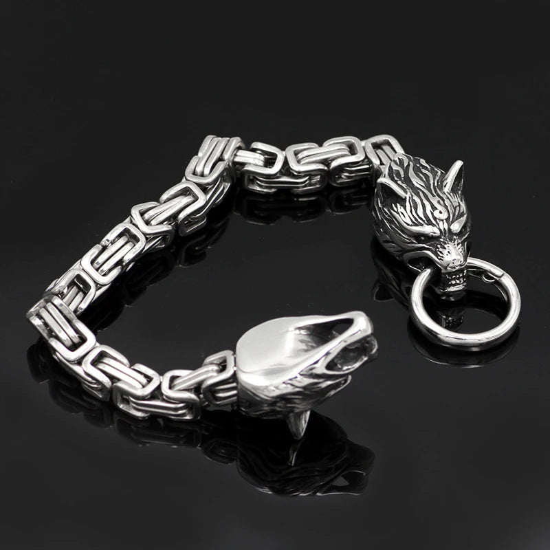 Men's Stainless Steel Viking Wolf Head Bracelet with Thick Chain Biker Punk Wristband