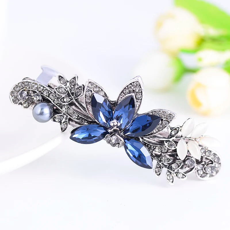Elegant Blue Rhinestone Flower Hair Clips for Women - Crystal Fashion Barrettes by EASYA