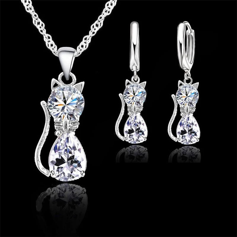 Real 925 Sterling Silver Cat Pendant Necklace and Huggie Earring Set with Shining Austrian Crystals for Women and Girls