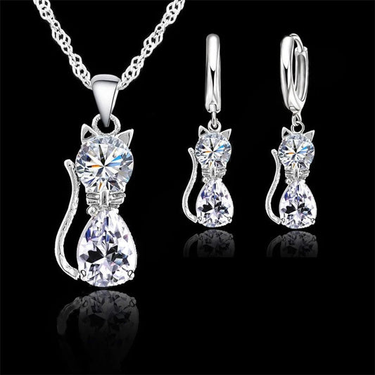 Real 925 Sterling Silver Cat Pendant Necklace and Huggie Earring Set with Shining Austrian Crystals for Women and Girls