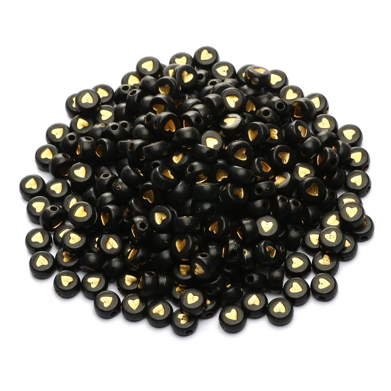 Chic Black Acrylic Beads with Gold Heart Design for Jewelry Crafting
