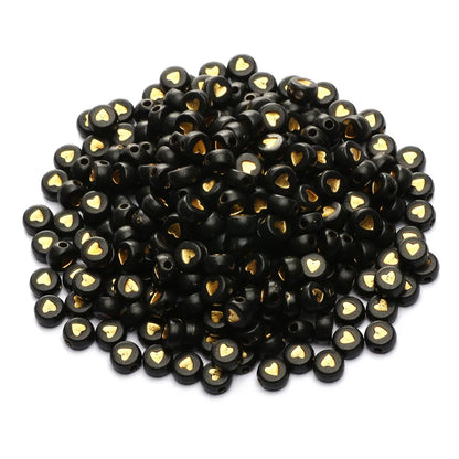 Chic Black Acrylic Beads with Gold Heart Design for Jewelry Crafting