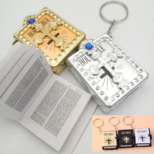 Mini Holy Bible Keychain with Real Paper Pages Gold Silver Religious Pendant