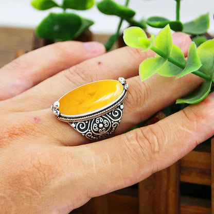 Vintage Eye Shape Resin Stone Ring for Women Silver Plated Antique Flower Design