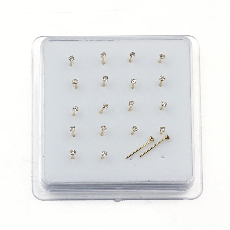 20 Piece Set of 1.5mm Crystal Nose Studs in Gold and Silver - Trendy Body Jewelry for Stylish Piercings