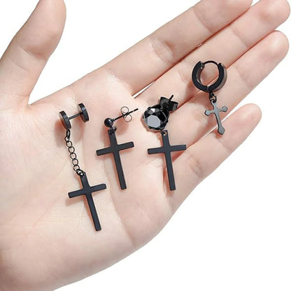 Men's Black Stainless Steel Zirconia Cross Earrings Set - Trendy Punk Style Piercing Jewelry