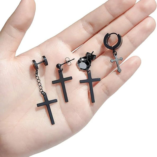 Men's Black Stainless Steel Zirconia Cross Earrings Set - Trendy Punk Style Piercing Jewelry