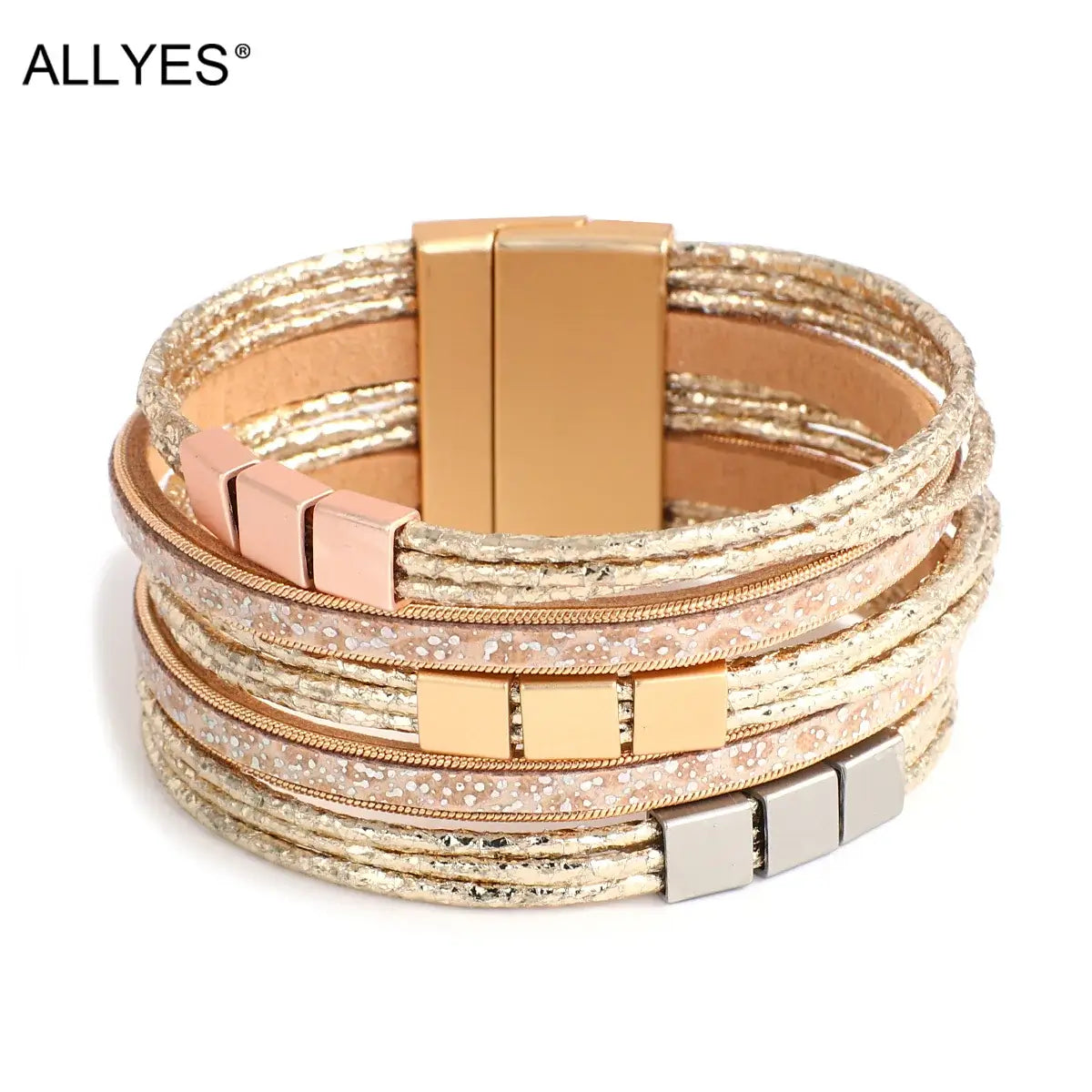 Allyes Bohemian Gold Multilayer Leather Charm Bracelet Rose Gold