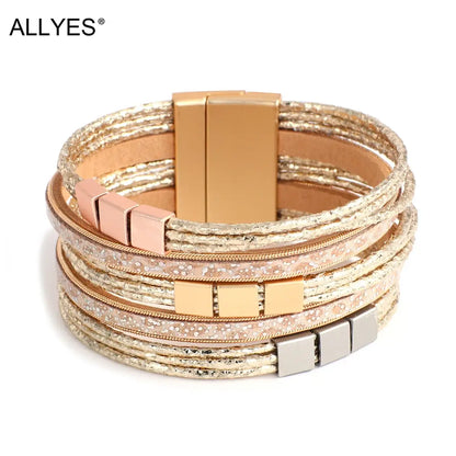 Allyes Bohemian Gold Multilayer Leather Charm Bracelet Rose Gold