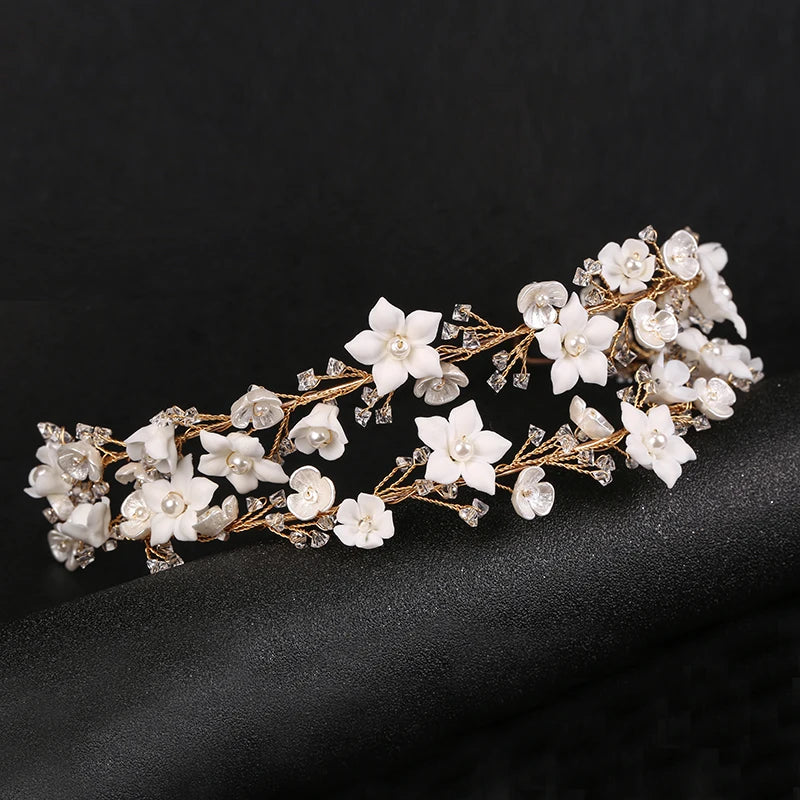 Elegant Crystal Wedding Headband Crown with Handmade Ceramic Flowers