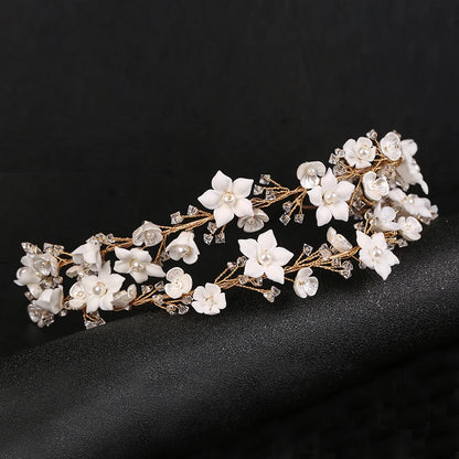 Elegant Crystal Wedding Headband Crown with Handmade Ceramic Flowers