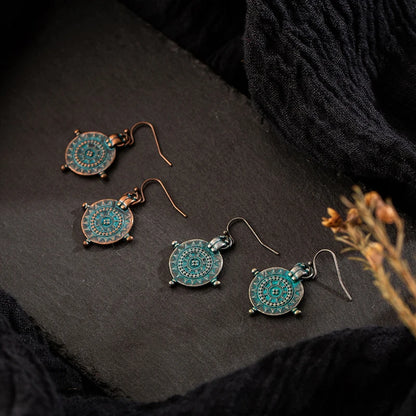 Vintage Ethnic Irregular Wheel Carved Copper Alloy Pendant Earrings for Weddings and Parties
