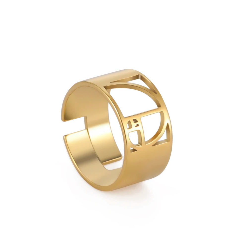 Lemegeton Geometric Fibonacci Spiral Adjustable Stainless Steel Ring for Women 18K Gold Plated Amulet Jewelry