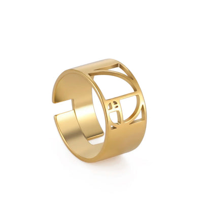 Lemegeton Geometric Fibonacci Spiral Adjustable Stainless Steel Ring for Women 18K Gold Plated Amulet Jewelry