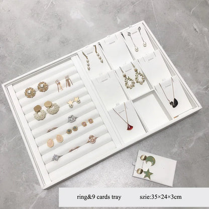 Elegant White PU Leather Jewelry Display Tray with Necklace and Ring Holder