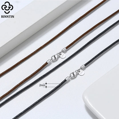 Rinntin 2mm Brown Leather Cord Necklace with 925 Sterling Silver Clasp Trendy Jewelry for Men and Women