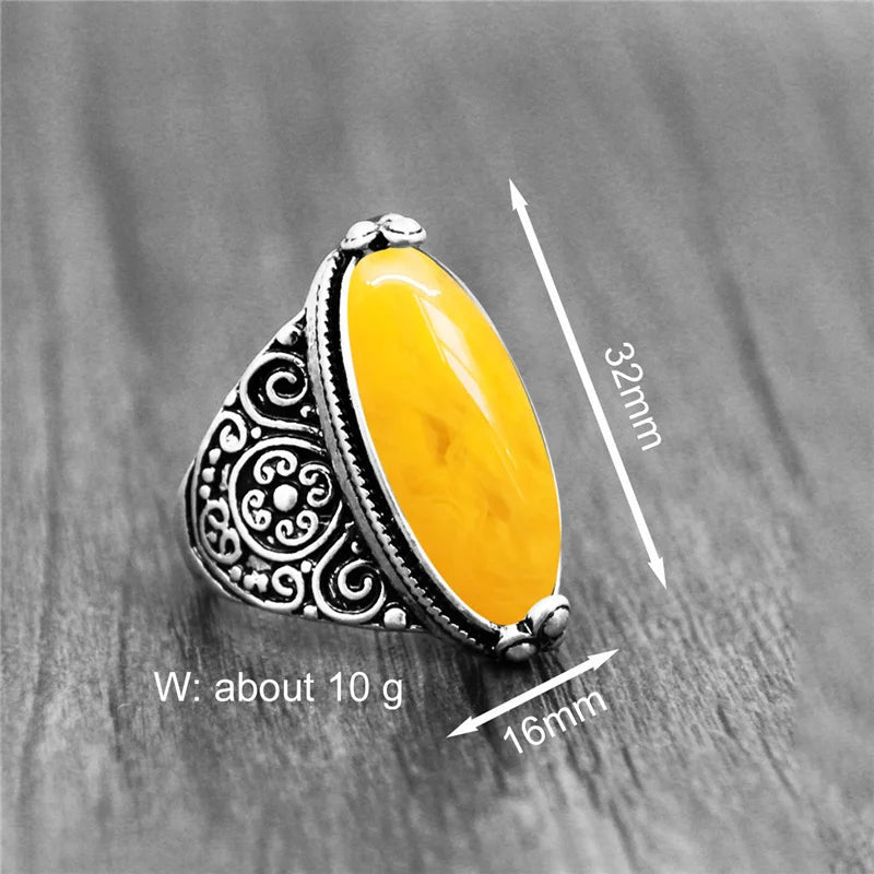 Vintage Eye Shape Resin Stone Ring for Women Silver Plated Antique Flower Design