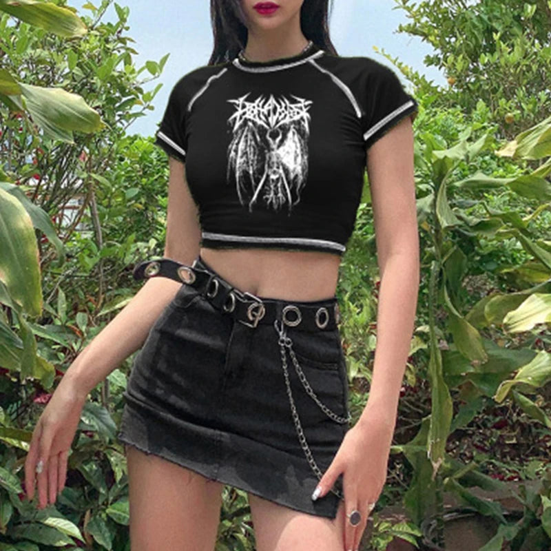Harajuku Crop Top Women Slim Anime Gothic Bold Tee DozwCN