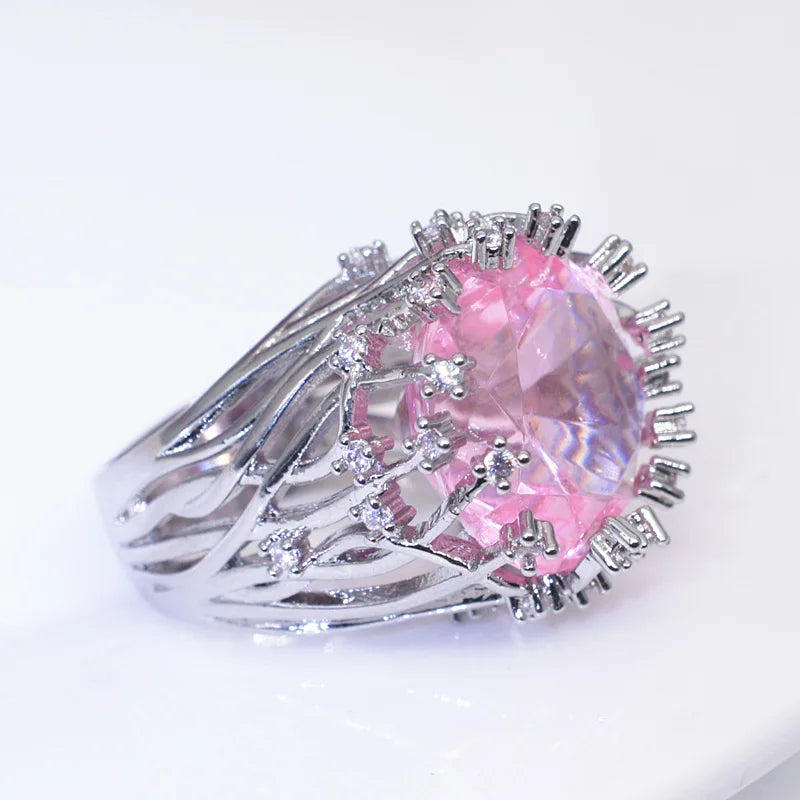 New 925 Sterling Silver Exaggerated Pink Crystal Zircon Ring for Women Elegant Wedding Jewelry Gift
