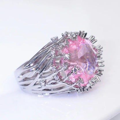 New 925 Sterling Silver Exaggerated Pink Crystal Zircon Ring for Women Elegant Wedding Jewelry Gift