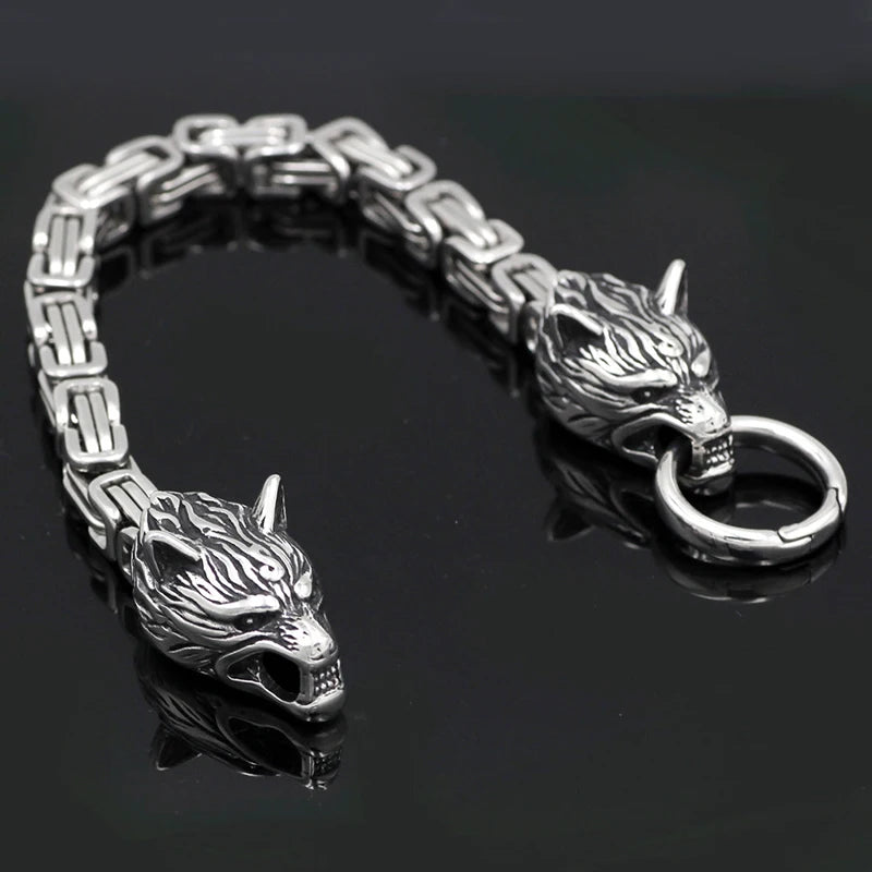 Men's Stainless Steel Viking Wolf Head Bracelet with Thick Chain Biker Punk Wristband