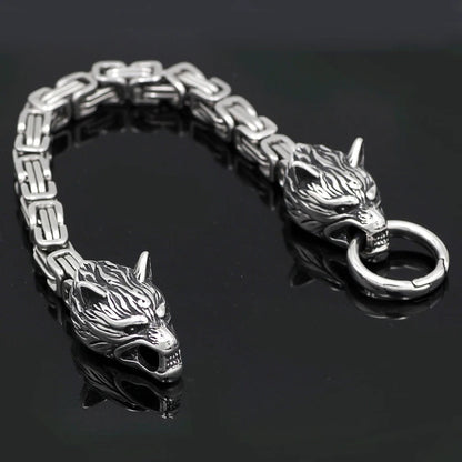 Men's Stainless Steel Viking Wolf Head Bracelet with Thick Chain Biker Punk Wristband
