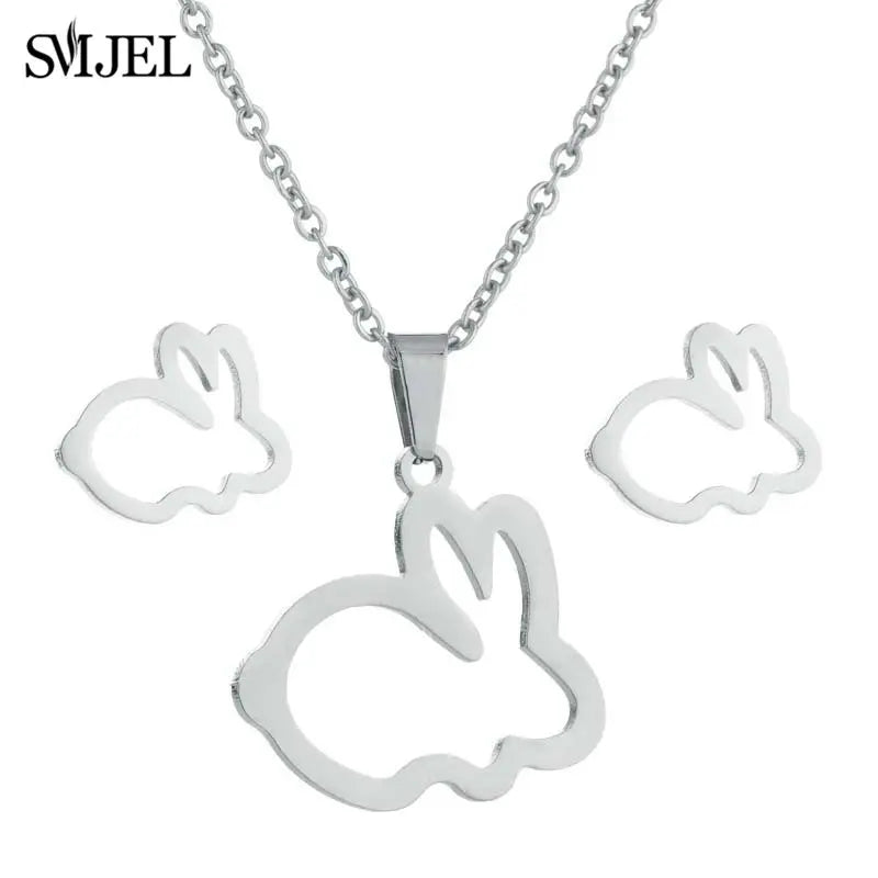 Elegant Stainless Steel Animal Necklace for Women - Rabbit Charm and Paw Print Design