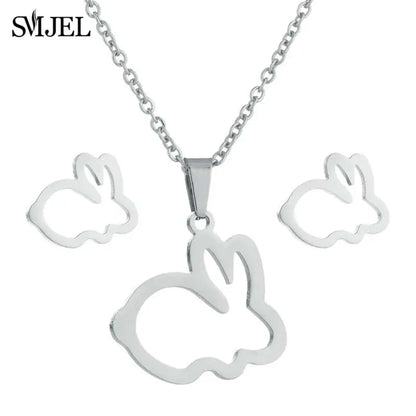Elegant Stainless Steel Animal Necklace for Women - Rabbit Charm and Paw Print Design